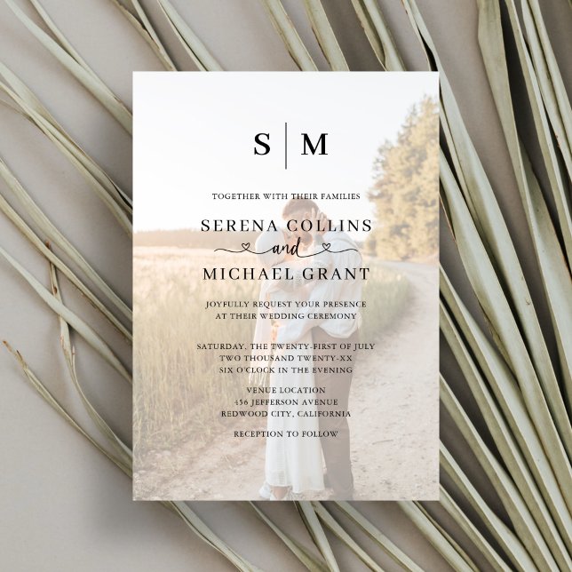 Classic Monogram Photo Heart Script Wedding Invitation (Creator Uploaded)