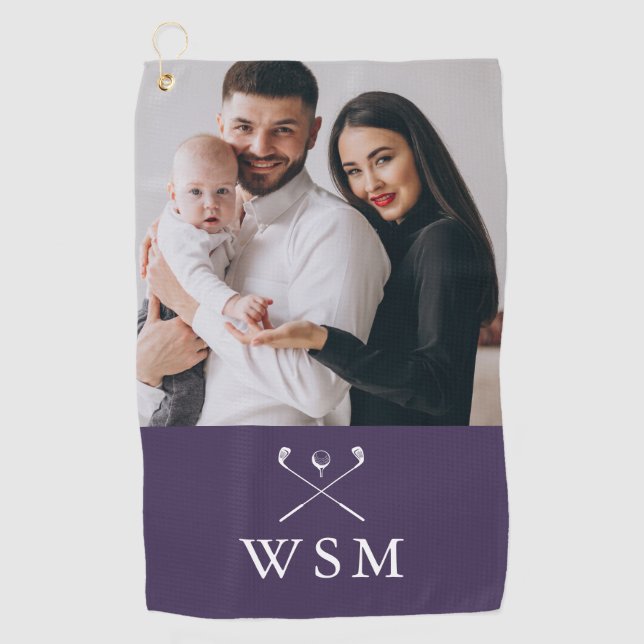 Classic Monogram Photo Purple And White Golf Clubs Golf Towel (Front)