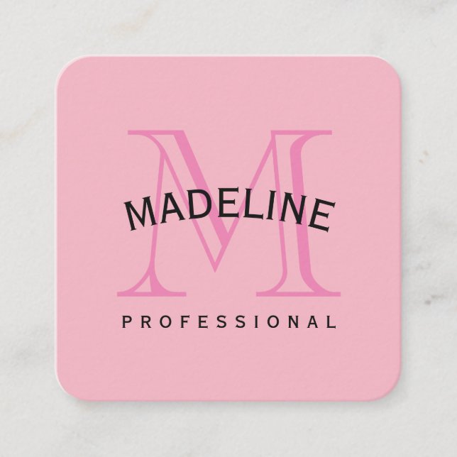 Classic Monogram Pink with Arc Text Square Business Card (Front)