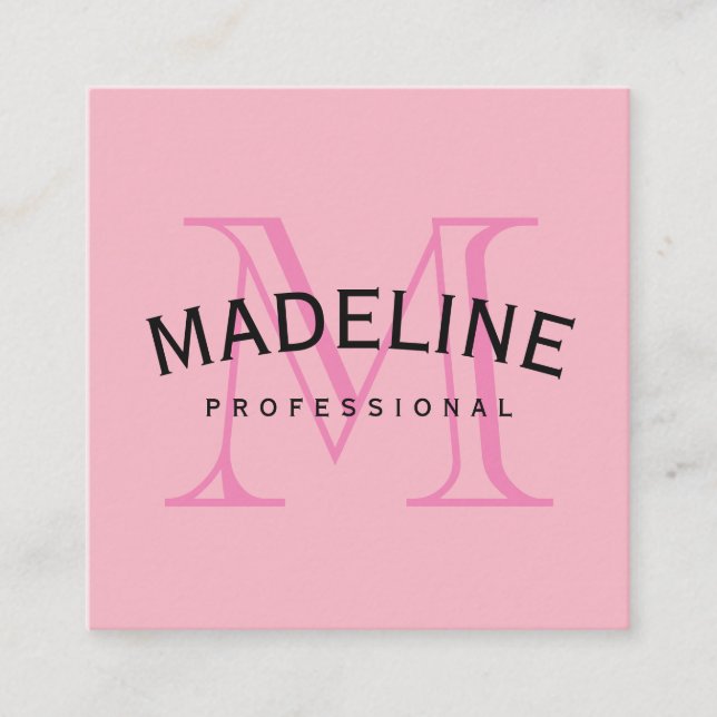 Classic Monogram Pink with Arc Text Square Business Card (Front)