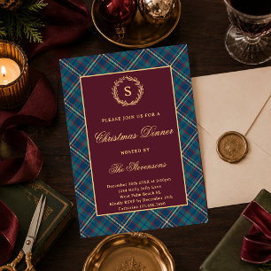 Classic Monogram Plaid Burgundy Christmas Party Invitation