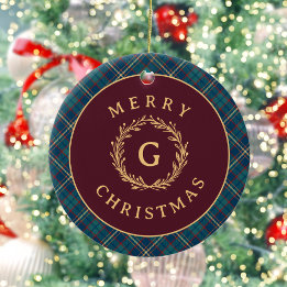 Classic Monogram Plaid Burgundy Christmas Photo Ceramic Ornament