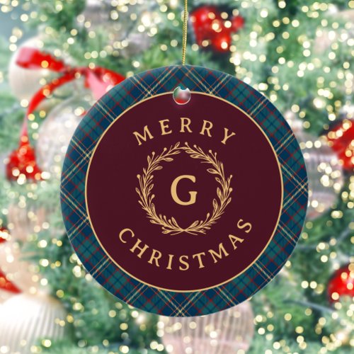 Classic Monogram Plaid Burgundy Christmas Photo Ceramic Ornament