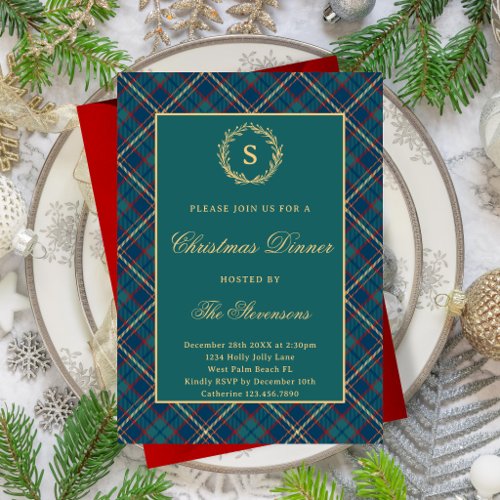 Classic Monogram Plaid Dark Green Christmas Party Invitation