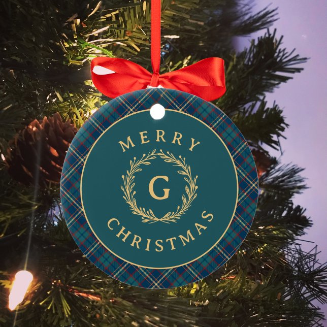 Classic Monogram Plaid Dark Green Christmas Photo Ceramic Ornament (Creator Uploaded)
