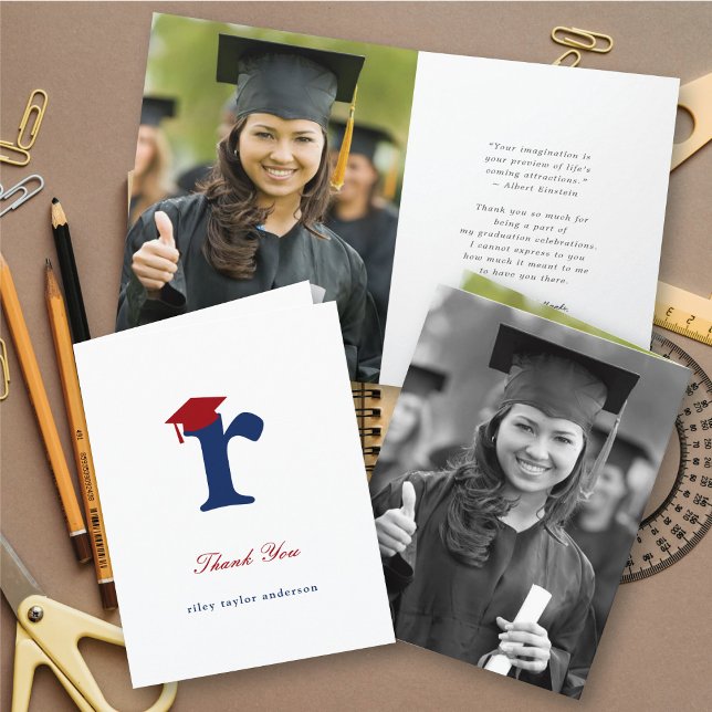 Classic Monogram R Graduation Cap Photo Modern Thank You Card (Classic Graduate's Monogram R Graduation Cap Photo Modern Thank You Card @ zazzle.com/color_therapy)