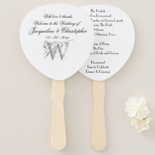  Classic Monogram Romantic White Wedding Program  Hand Fan