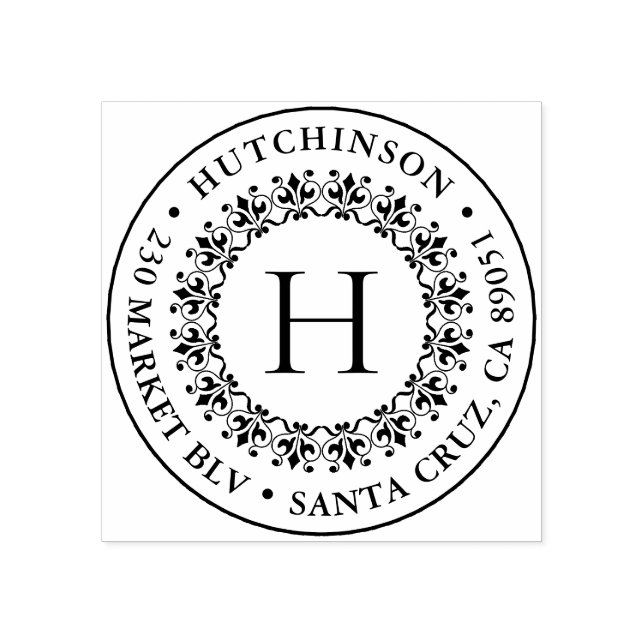 Classic Monogram Round Family Name Return Address Rubber Stamp (Imprint)