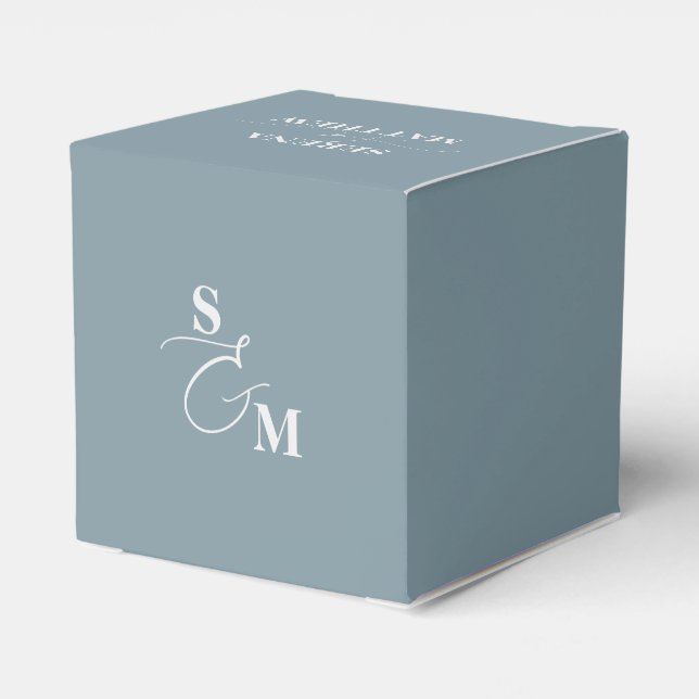 Classic Monogram Script Ampersand Wedding Blue Favor Boxes (Back Side)
