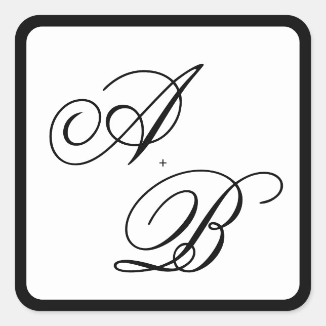 Classic Monogram Script Black & White Wedding Square Sticker (Front)