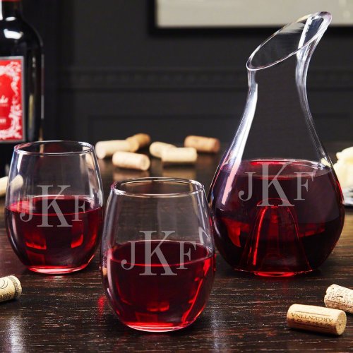 Classic Monogram Set w Decanter  Wine Glasses