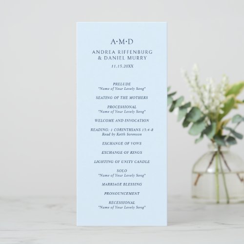 Classic Monogram Sky Blue Formal Elegant Wedding Program