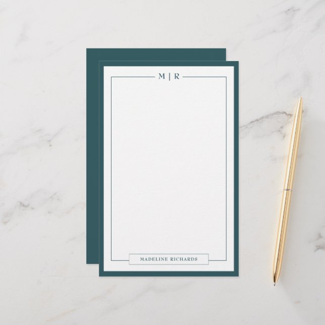 Classic Monogram Smoke Green Border Stationery (Front/Back In Situ)