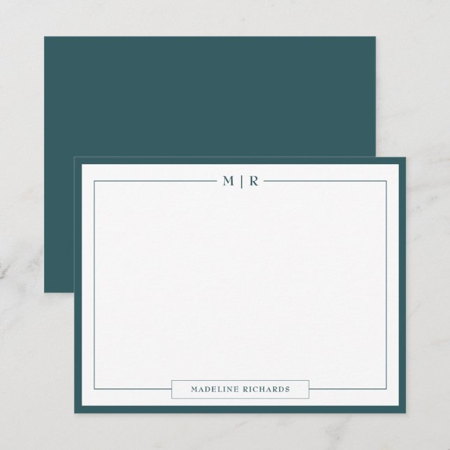 Classic Monogram Smoke Green Border Stationery Note Card (Front/Back)