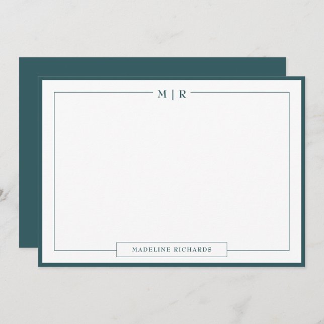 Classic Monogram Smoke Green Border Stationery Note Card (Front/Back)