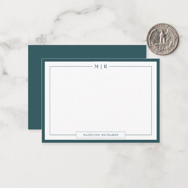 Classic Monogram Smoke Green Border Stationery Note Card (Front/Back In Situ)