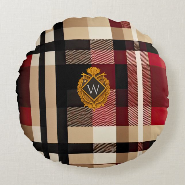 Classic Monogram Stylish Plaid Beige Red & Black Round Pillow (Front)