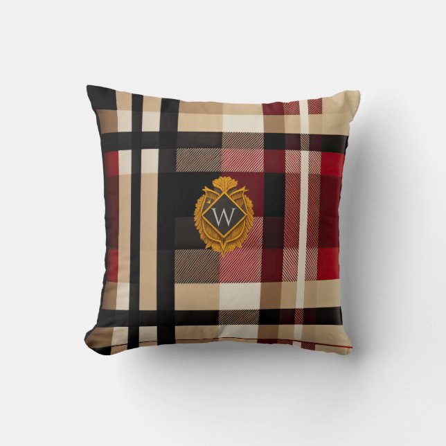 Classic Monogram Stylish Plaid Beige Red & Black  Throw Pillow (Front)