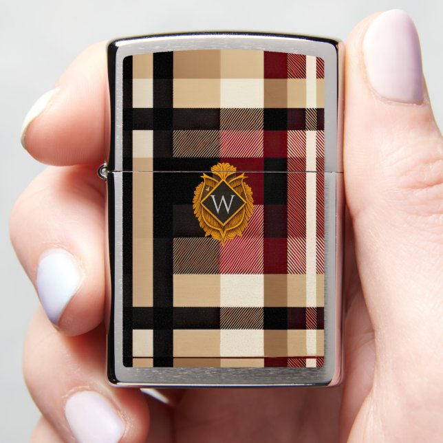Classic Monogram Stylish Plaid Beige Red & Black  Zippo Lighter (In Hand)