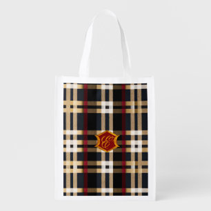 Classic Monogram Stylish Plaid Black Red & Beige  Grocery Bag