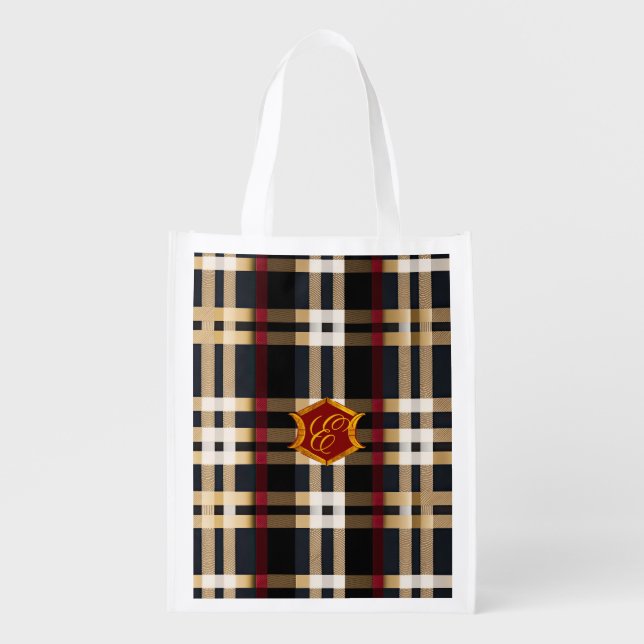 Classic Monogram Stylish Plaid Black Red & Beige  Grocery Bag (Front)