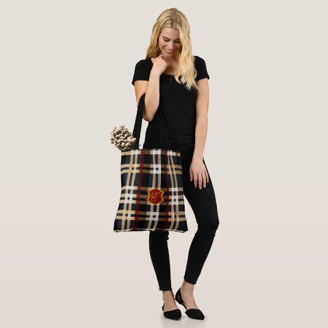 Classic Monogram Stylish Plaid Black Red & Beige Tote Bag (On Model)