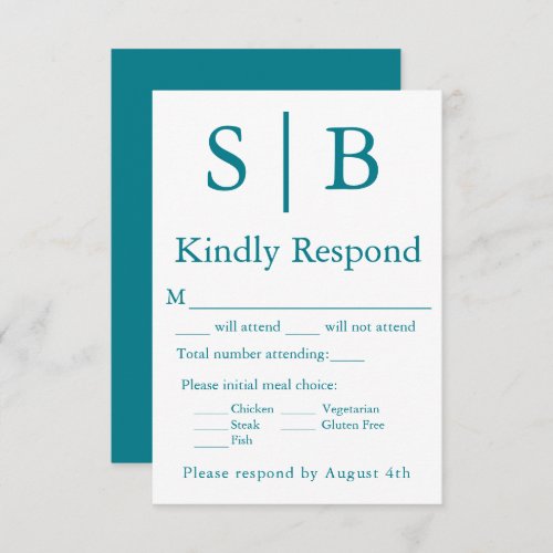 Classic Monogram Teal Meal Choice RSVP Card