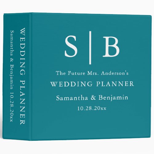 Classic Monogram Teal Wedding Planner 3 Ring Binder