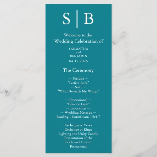 Classic Monogram Teal Wedding Program