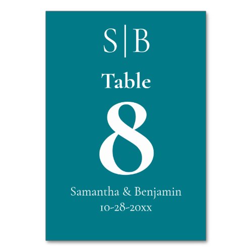 Classic Monogram Teal Wedding Table Number