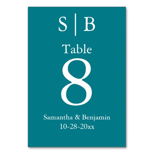 Classic Monogram Teal Wedding Table Number