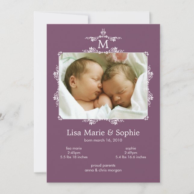 Classic Monogram Twins Photo Birth Announcement (Front)