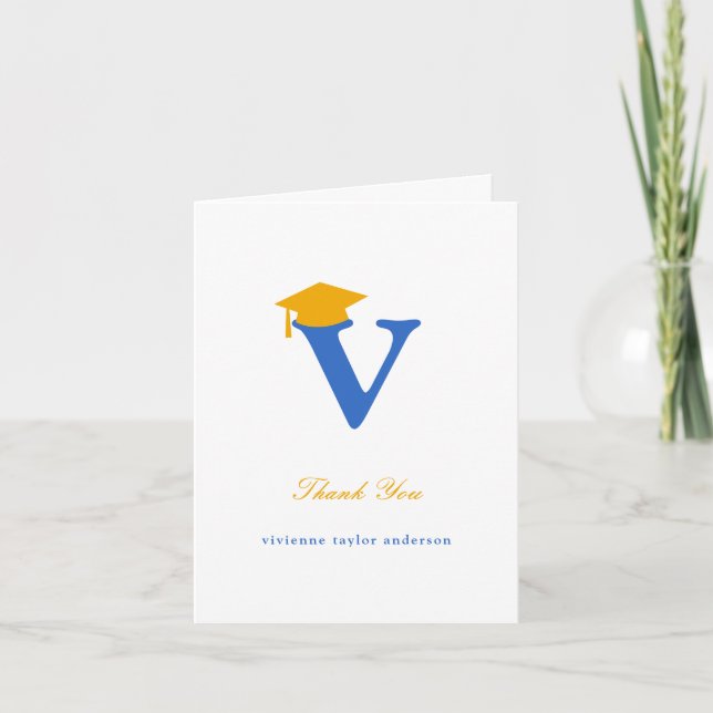Classic Monogram V Graduation Cap Photo Modern Thank You Card (Front)
