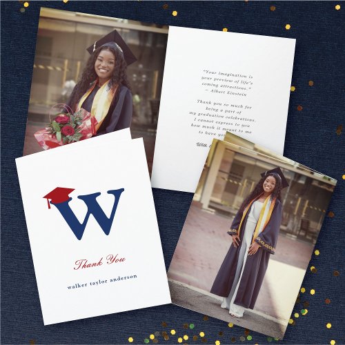 Classic Monogram W Graduation Cap Photo Modern Thank You Card