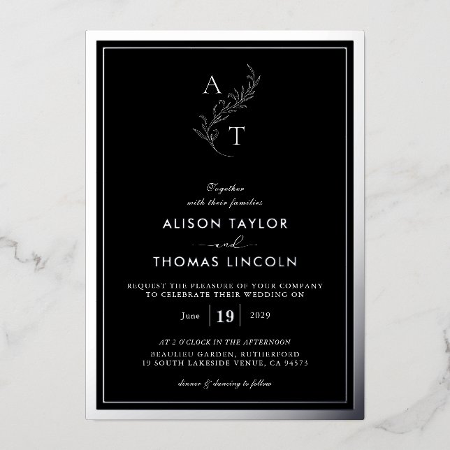 Classic Monogram Wedding Black And Silver Foil Invitation (Front)