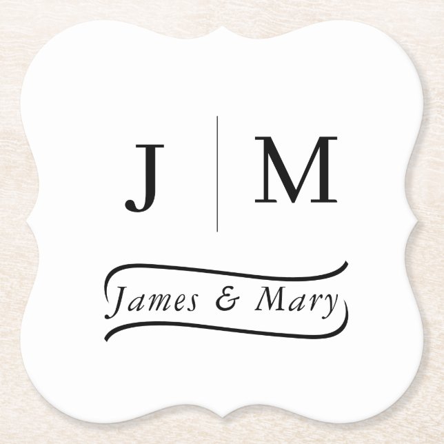 Classic Monogram Wedding Calligraphy line Paper Coaster (Front)