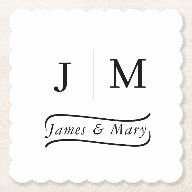 Classic Monogram Wedding Calligraphy line Paper Coaster (Front)
