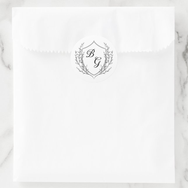 Classic monogram wedding crest black and white classic round sticker (Bag)