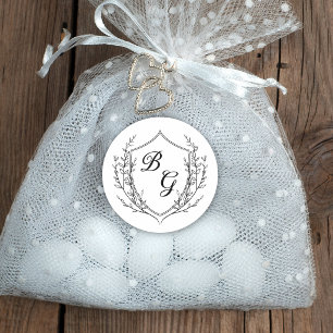 Classic monogram wedding crest black and white round sticker
