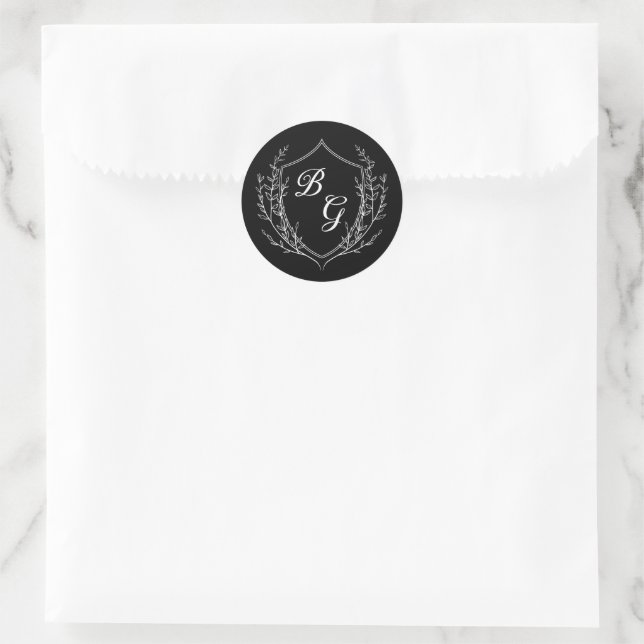Classic monogram wedding crest black and white round sticker (Bag)