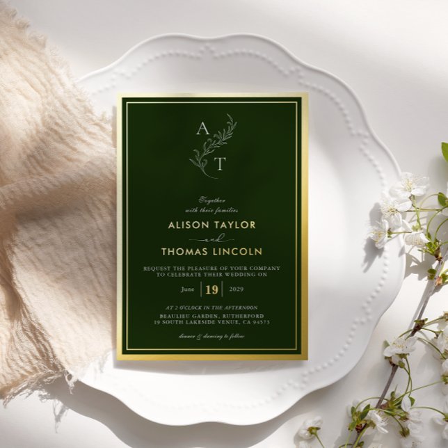 Classic Monogram Wedding Gold Deep Forest Green Foil Invitation (Creator Uploaded)