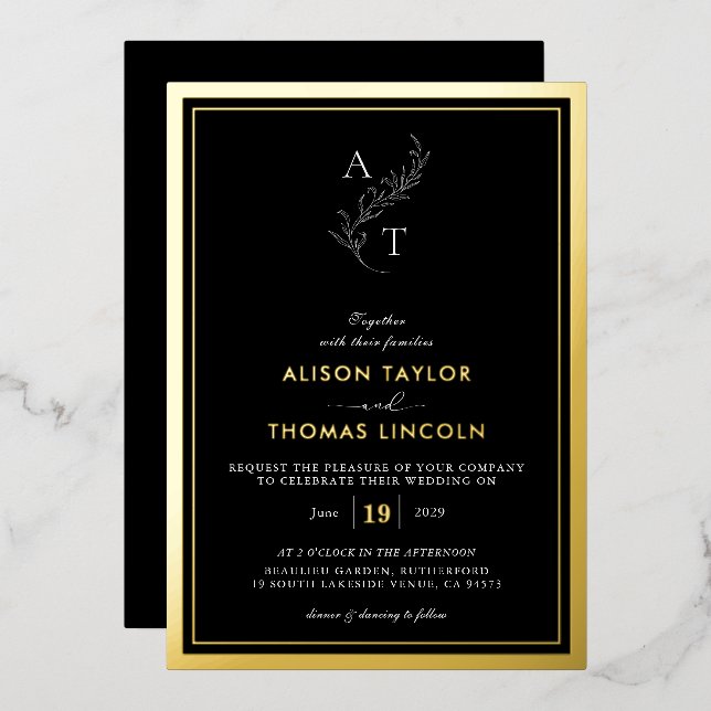 Classic  Monogram Wedding Gold Frame Real Foil Invitation (Front/Back)