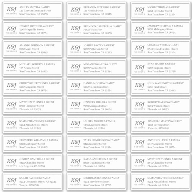 Classic Monogram Wedding Guest Names Address Sticker (Front)