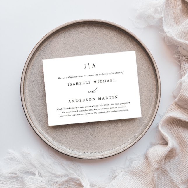 Classic Monogram Wedding Postponement Announcement (Creator Uploaded)