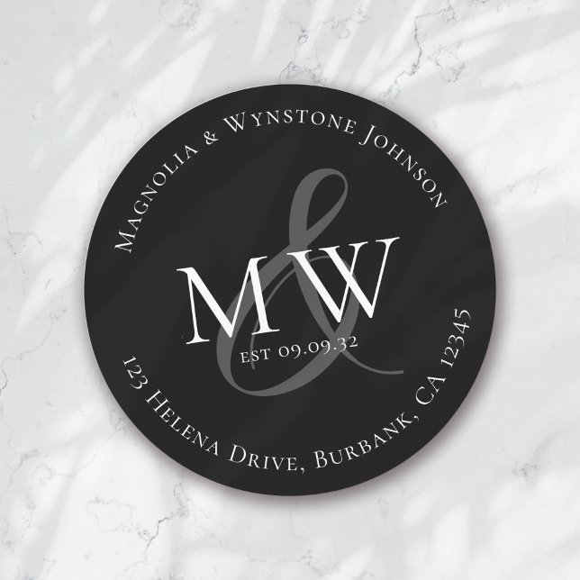 Classic Monogram Wedding Return Address Round Sticker (Creator Uploaded)