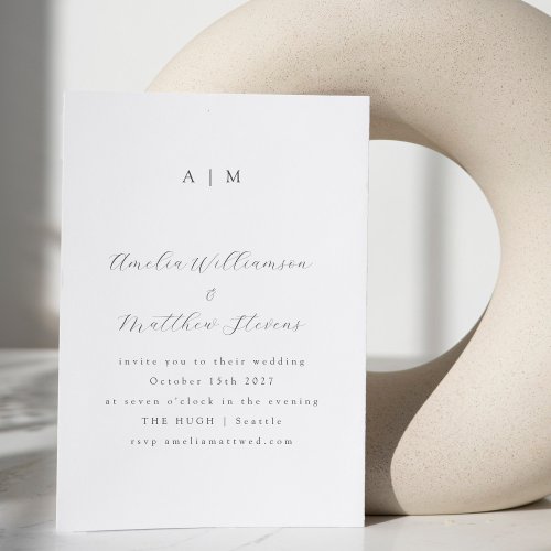 Classic Monogram White Black Script Wedding Invitation