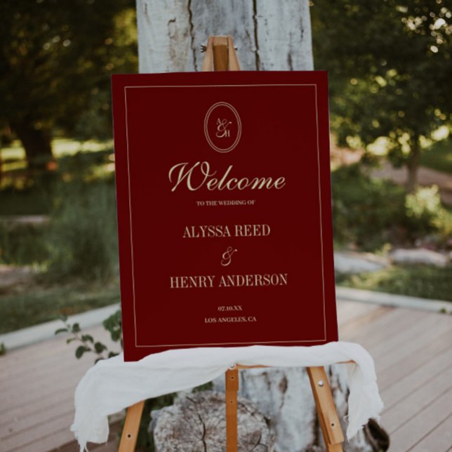 Classic Monogram Wine Red Wedding Welcome Foam Board (Creator Uploaded)