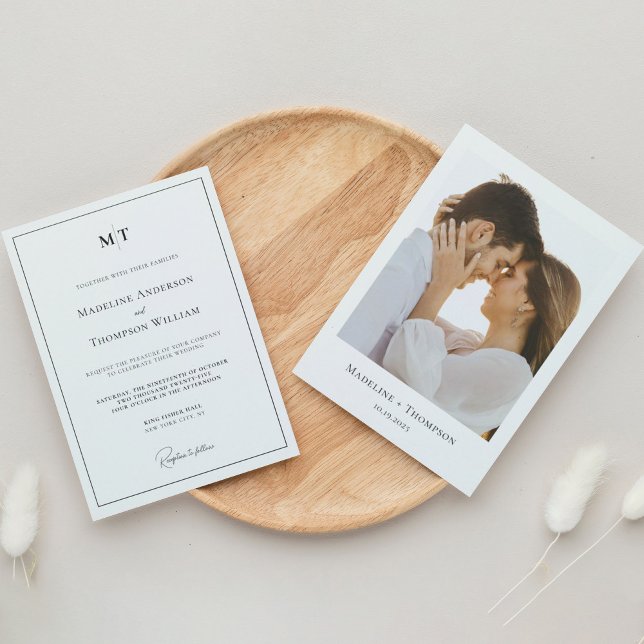 Classic Monogram with Border and Photo Wedding Invitation (Creator Uploaded)