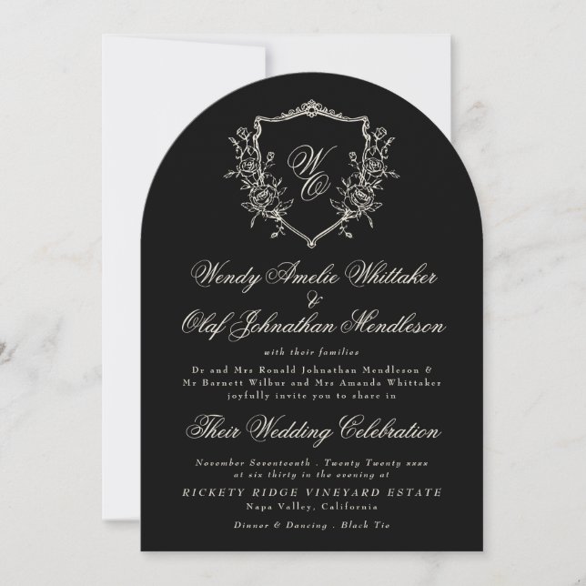Classic Monogram Wreath Black White Arch Wedding Invitation (Front)