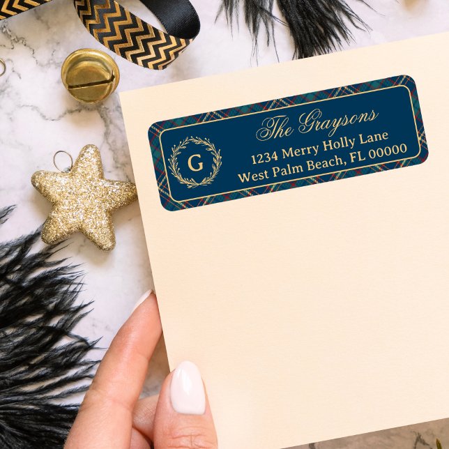 Classic Monogram Wreath Blue Plaid Christmas Label (Creator Uploaded)